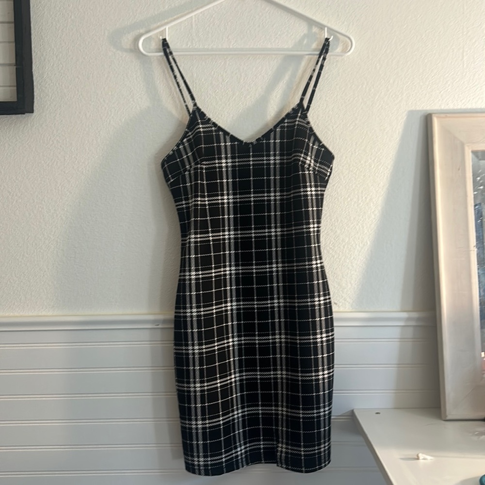 white and black plaid dress